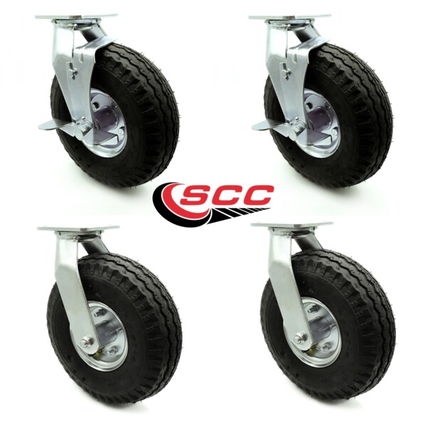 10 Inch Black Pneumatic Wheel Caster Swivel with 2 Brakes, 4PK